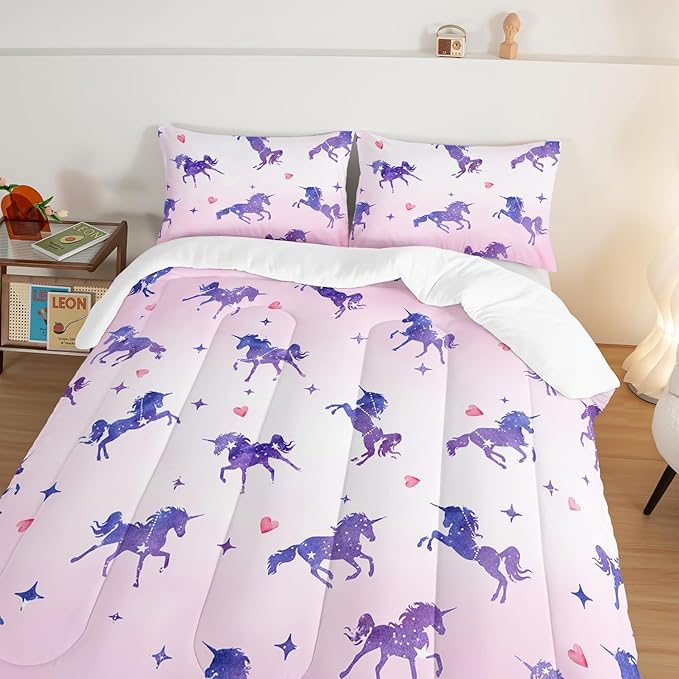 HOSIMA Kawaii Unicorn Comforter,Purple Unicorn with Stars and Love Heart Princess Toddler Bedding Set-Soft Microfiber King Size Comforter Set,Fairycore Room Decor Pink Comforter with 2 Pillowcases. - LeafyLoom