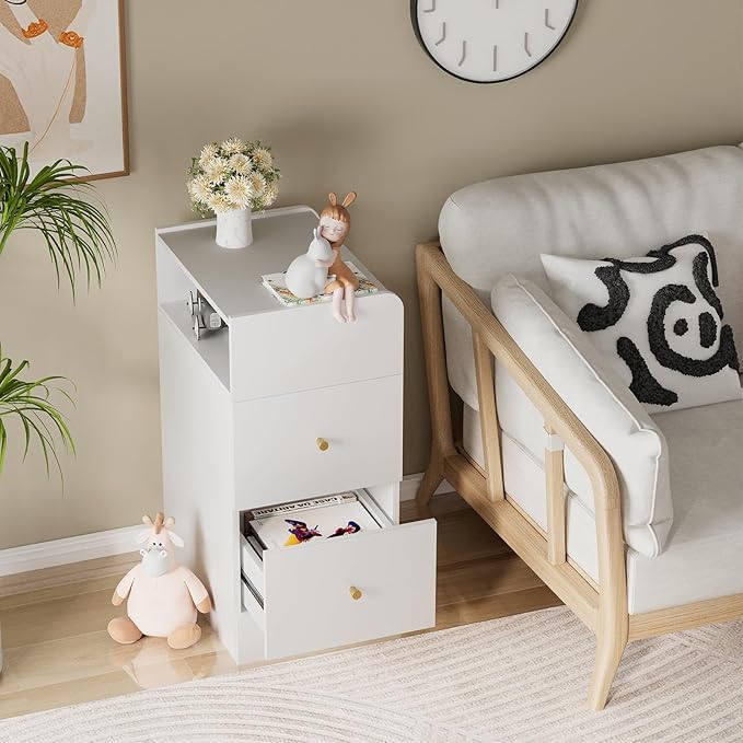 White Nightstand with Two Drawers,Chest of Drawers for Bedroom with Side Opening Storage Rack,3 Tiers Modern Night Table for Bedroom Storage Furniture (Round Corner) - LeafyLoom