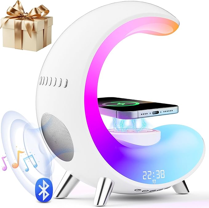 Multifunctional Bluetooth Speaker with Desk Lamp, Table Lamp Ambient Lighting with Wireless Fast Charging, Alarm Clock, Running Lights Table Lamps, Mood lights - LeafyLoom