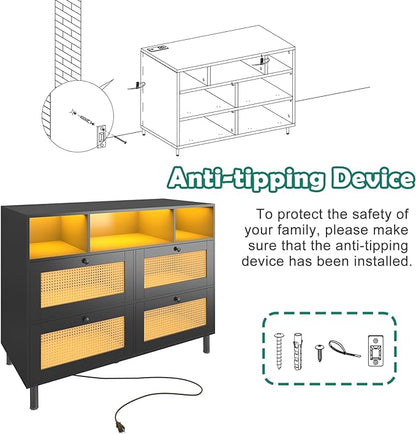 Sideboard Buffet Cabinet, Kitchen Storage Cabinet with Power Outlet & Led Lights, Accent Cabinet with 4 Rattan Doors, Black - LeafyLoom