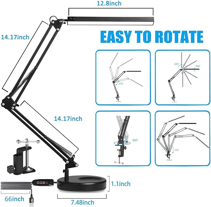 LED Desk Lamp with Clamp and Round Base,Eye Caring Table Lamp with Swing Arm,3 Color Modes 10 Brightness Levels,Memory Function, Desk Light for Home Office with USB Adapter Black-14W - LeafyLoom