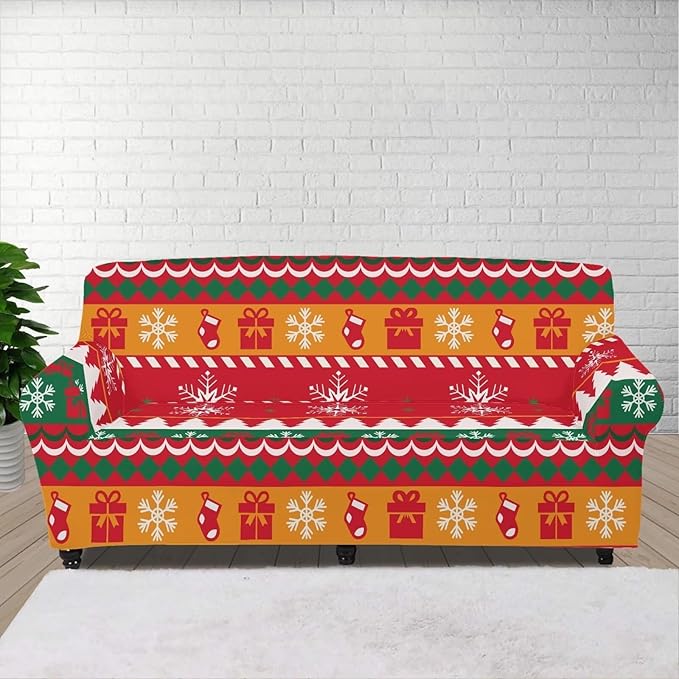 FKELYI Red Christmas Sofa Furniture Protector Easy Going Stretch Sofa Slipcover Comfortable Sofa Couch Cover with Elastic Bottom XL FKELYI