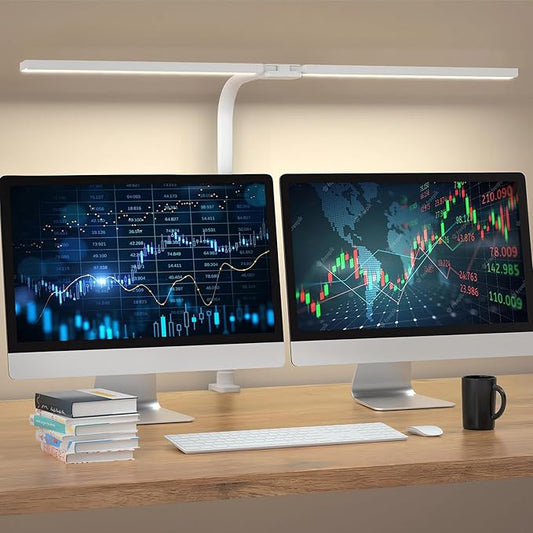 LED Desk Lamp for Home Office- 24W Double Head Desk Light with clamp, 5 Lighting Modes, 11 Brightness Levels, Adjustable Gooseneck Lamp with Timer- White - LeafyLoom