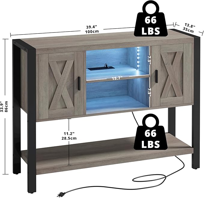 IRONCK Sideboard Buffet Cabinet with LED Light & Charging Station, Coffee Station Table, Bar Storage for Kitchen, Dining Room, Living Room, Grey - LeafyLoom