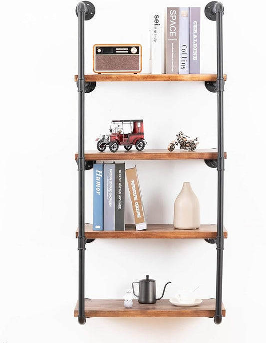 Industrial Wall Mounted Pipe Shelving,Rustic Metal Floating Shelves,Steampunk Real Wood Bookcases,DIY Bookshelf Hanging Shelves,Farmhouse Kitchen Bar Office Home Storage (5-Tier with 4 Boards,24in) - LeafyLoom