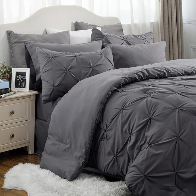 Bedsure King Size Comforter Set - Bedding Set King 7 Pieces, Pintuck Bed in a Bag Dark Grey Bed Set with Comforter, Sheets, Pillowcases & Shams - LeafyLoom