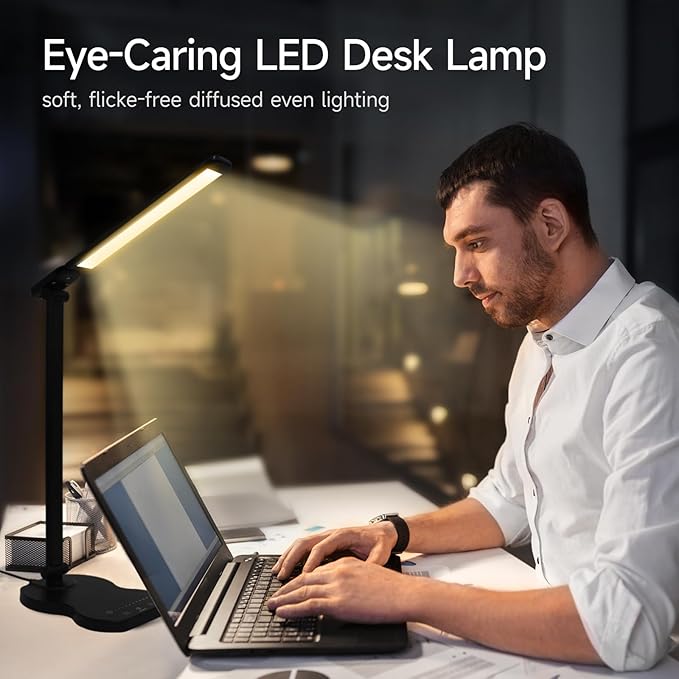 Led Desk Lamp with USB Charging Port, 5 Lighting Colors & 10 Brightness Reading Lamp, Foldable Dimmable LED Desk Light, 3000-6500K, Violin Shape Black Lamp Desk Lamps for Home Office - LeafyLoom