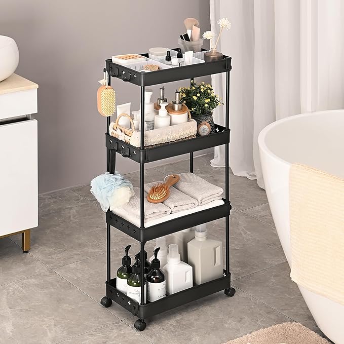 TOOLF 4 Tier Utility Cart with Wheels, Rolling Cart with Adjustable Divider & Hooks, Cart Organizer for Diaper Craft Snack, Narrow Storage Cart for Laundry Bedroom Bathroom Kitchen, Black - LeafyLoom