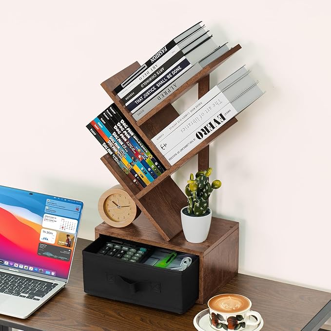 Small Bookshelf with Drawer,4 Tier Tree Book Shelf,Wood Desk Bookshelves,Modern Free Standing Desktop Display Shelves,Brown Floor Standing Organizer Bookcase for Living Room,Bedroom,Office - LeafyLoom