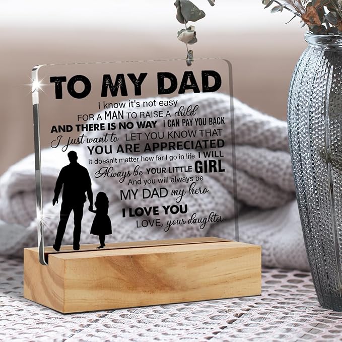 Father Gift Dad Gifts From Daughter, to My Dad My Hero Quote Desk Decor Acrylic Desk Plaque Sign with Wood Stand Home Office Desk Sign Keepsake Present - LeafyLoom