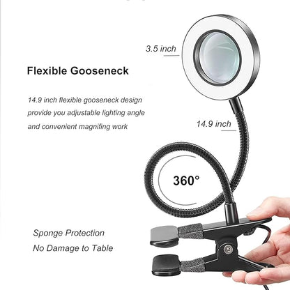 Desk Magnifying Glass with Light 5X, Clip on Desk Light with 3 Light Color, 5w LED Desk Lamp with Clamp 10 Adjustable Brightness, Flexible Gooseneck Craft Light Desk Lamps for Home Office - LeafyLoom