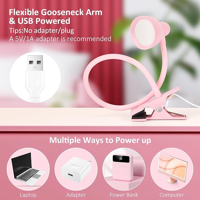 Pink Small Desk Lamp Clip on Reading Light for Bed 3 Colors 10 Brightness Dimmable Flexible Gooseneck Clip on Light for Bed Headboard College Dorm Room - LeafyLoom