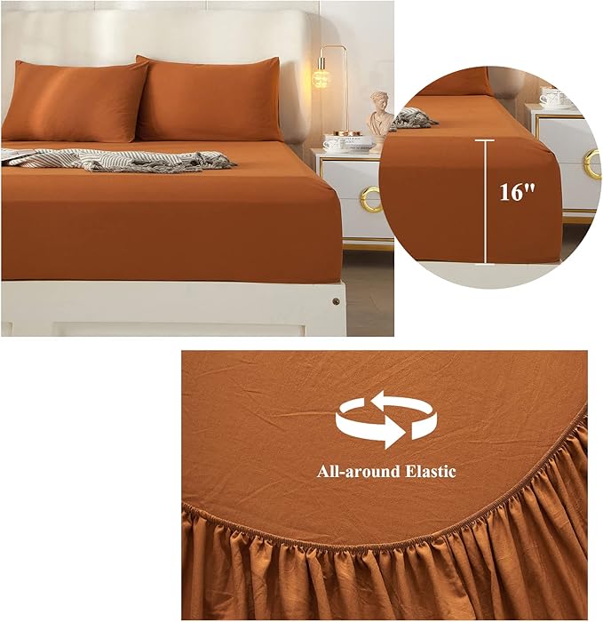 Caramel Pumpkin Sheets for Queen Size Bed,4 Piece Cooling Sheets Queen Deep Pocket up to 16 Inch,Solid Rust Bedding Sheets & Pillowcases Set,Wrinkle,Fade,Stain Resistant - 4 Piece(Queen,Pumpkin) - LeafyLoom