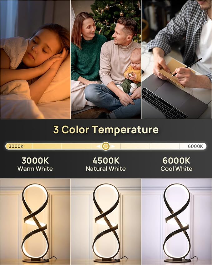 Modern Table Lamp, LED Touch Dimmable Spiral Desk Lamp, 3 Color Temperature Contemporary Nightstand Lamp, Unique Bedside Lamp for Living Room, Bedroom, Cool Lamps for Ideal Gift, Black - LeafyLoom