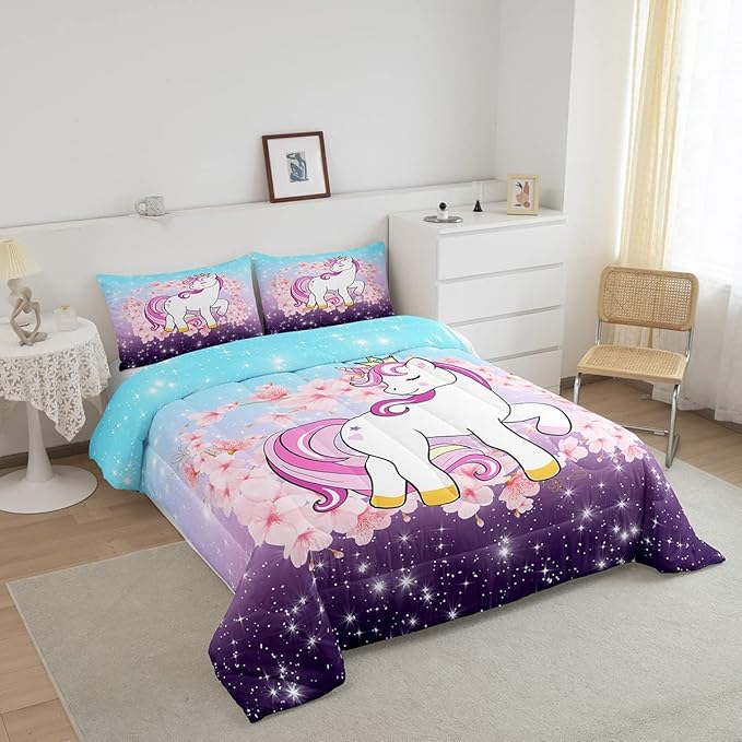 Unicorn Comforter Set Queen, Kids Unicorn Floral Bedding for Girls Boys Children Bedroom Decor, Cherry Blossoms Glitter Down Comforter Galaxy Kawaii Quilt Set with 2 Pillowcases, Blue Purple Ombre - LeafyLoom