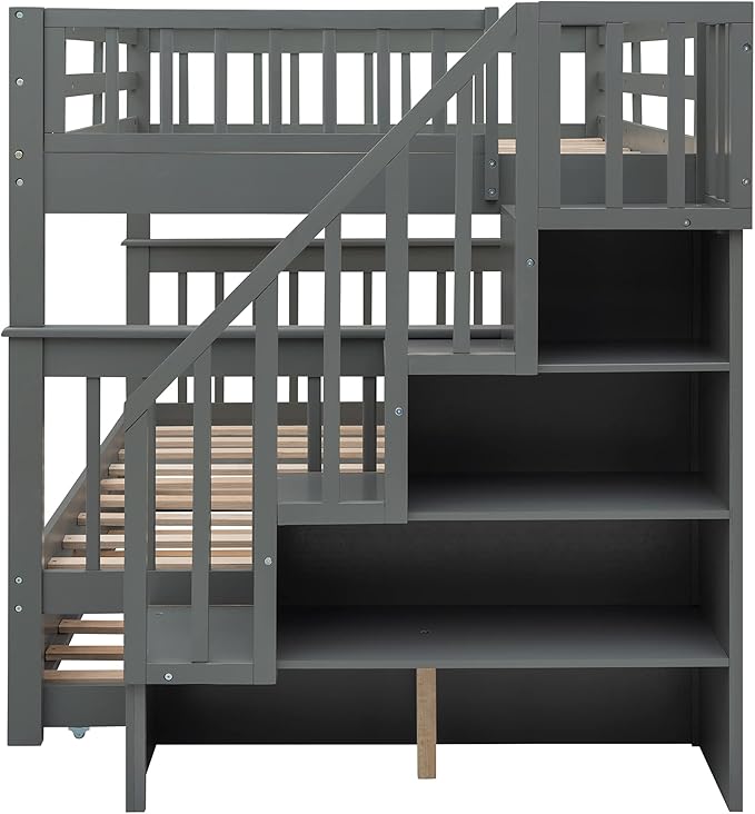 Stairway Full-Over-Full Bunk Bed with Twin Size Trundle, Storage Stairs and Guard Rail, 3-in-1 Bedframe for Bedroom Dorm, Kids Teens Adults, Gray - LeafyLoom