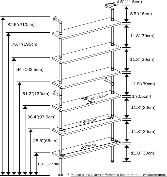 Pipe Shelves, Wall Mounted Wood Metal Industrial Shelves, Ladder Bookshelf for Living Room (White, 10" D x 30" W x 82.5" H) - LeafyLoom