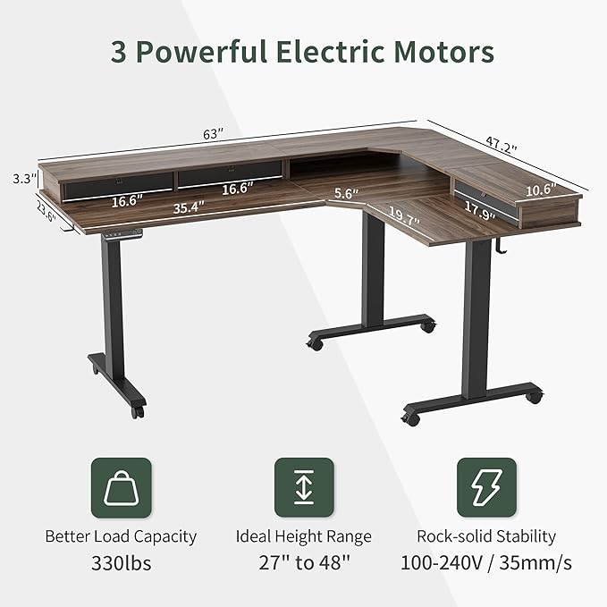 FEZIBO Triple Motor 63" L Shaped Standing Desk with 3 Drawers, Electric Gaming Desk Adjustable Height, Corner Stand up Desk with Splice Board, Black Frame/Black Walnut Top - LeafyLoom