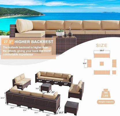 Kullavik 14PCS Outdoor Patio Furniture Set PE Wicker Rattan Sectional Sofa Patio Conversation Sets,Sand - LeafyLoom