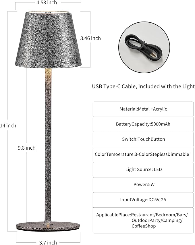 Cordless Rechargeable Table Lamp Set of 2, 5000mAh Battery Powered LED Desk Lamps, 3 Color Stepless Dimming Up, Portable Table Light Lamp for Bedroom Restaurant Outdoor (Mottled Silver) - LeafyLoom