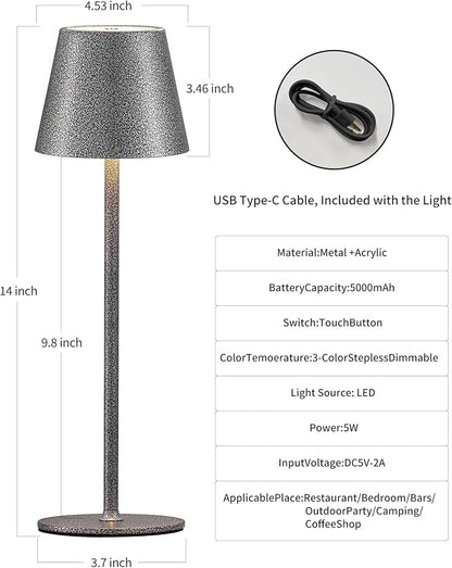 Cordless Rechargeable Table Lamp Set of 2, 5000mAh Battery Powered LED Desk Lamps, 3 Color Stepless Dimming Up, Portable Table Light Lamp for Bedroom Restaurant Outdoor (Mottled Silver) - LeafyLoom