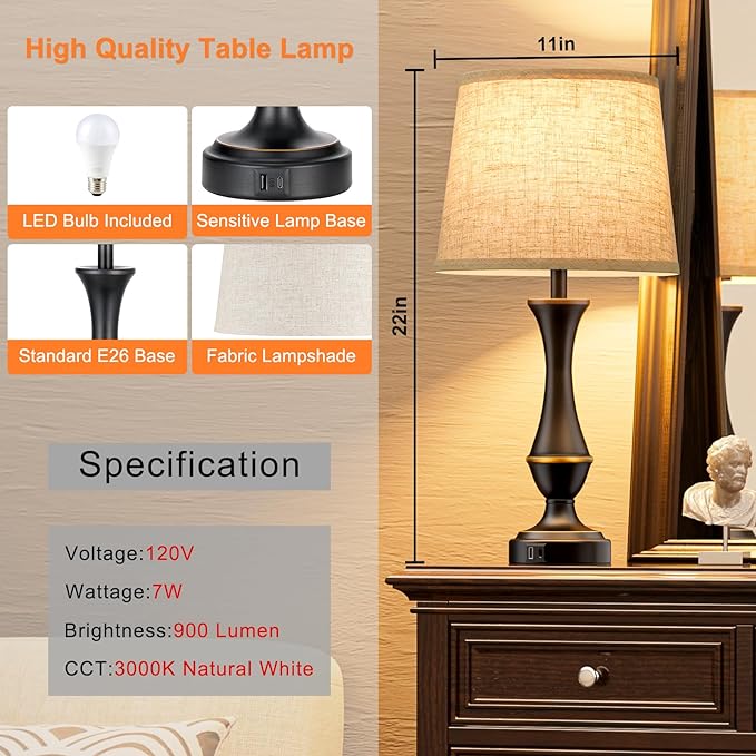 Upgraded Touch Lamps for Bedrooms Set of 2 - Nightstand Table Lamp with USB C+A, 3 Way Dimmable Bedside Lamps for Living Room End Tables, Farmhouse BedroomLamp1 Night Stand Lamps for Office - LeafyLoom