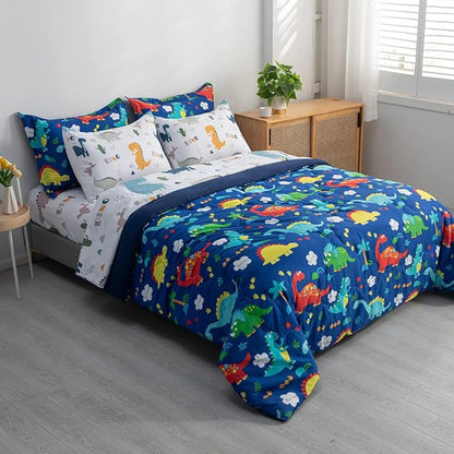 Wajade 7 Piece Kid Boys Dinosaur Comforter Set Queen Size 3D Blue Dinosaur Wild Park Jungle Print Bedding Set with Comforter, Sheet Set, Pillowcase and Sham - LeafyLoom