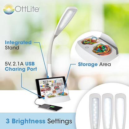 OttLite LED Desk Lamp with Tablet & Smart Phone Stand- ClearSun LED Technology - Desk Lamp with Storage Base, USB Charging Port, & Flexible Neck Height - for Tutorials, Crafting, Sewing & Working - LeafyLoom