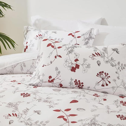 EMME Queen Comforter Set - Red Floral Bedding Set 7 PCS with Flowers Leaves Pattern, Soft Plant Printed Botanical Bed Set with Sheets, Fluffy Bed Bag for All Season(90"X90") - LeafyLoom