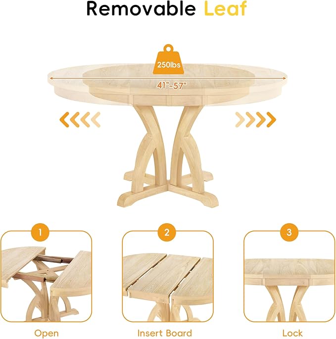 Farmhouse Round Pedestal 15.8" Removable Leaf, Extendable Kitchen w/Ladder Back Chairs, for Small Places, Room, 5 Piece Dining Table Set, Natural 16 - LeafyLoom