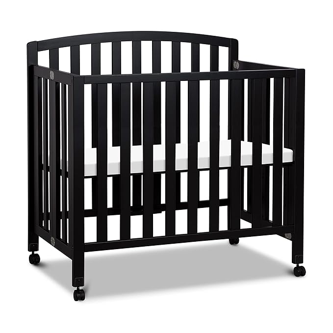 DaVinci Dylan Folding Portable 3-in-1 Convertible Mini Crib and Twin Bed in Ebony, Greenguard Gold Certified - LeafyLoom