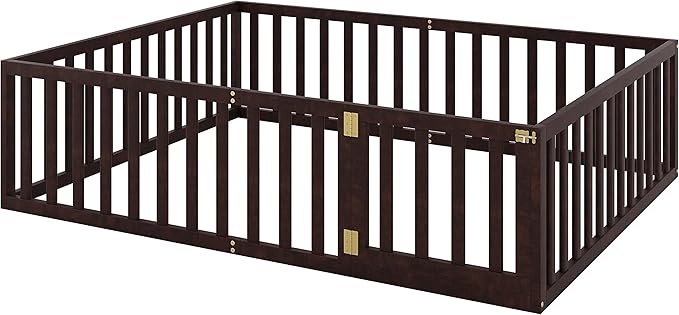 Multifunctional Queen Size Floor Bed with Safety Guardrails and Door, Montessori Sturdy Solid Wood Beds Frame, Easy Assembly and No Spring Need, for Boys and Girls Room, Walnut - LeafyLoom