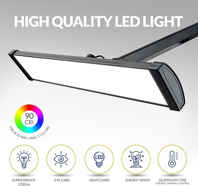 Super Bright 2,300 Lumens Powerful Professional Eye Care LED Desk Lamp, Brightness Adjustable, Task Light for Home, Beauty, Crafting, Office, Workbench (Daylight, Dimmable, Black) - LeafyLoom