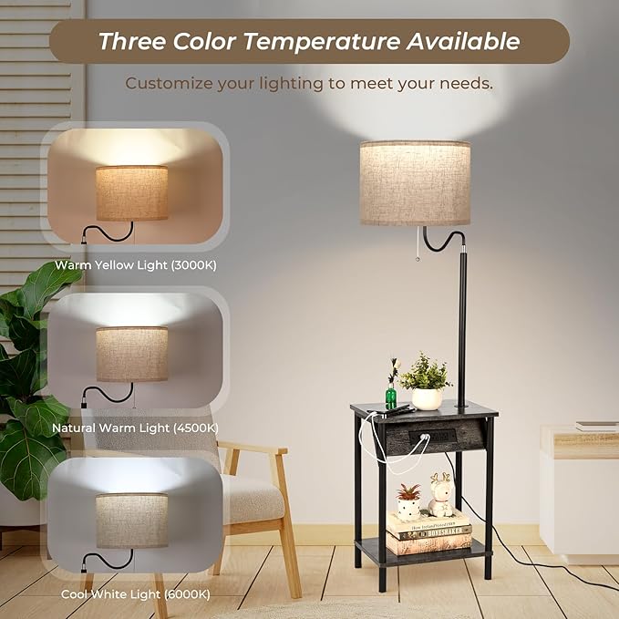 FIMEI Floor Lamp with Table, End Table with Charging Station USB Ports & Outlets, Bedside Table 3 Color Temperature Reading Light, Nightstand with Shelves for Living Room Bedroom Apartment, Sage Gray - LeafyLoom