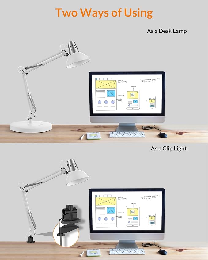 LEPOWER Metal Desk Lamp, Adjustable Goose Neck Architect Table Lamp with On/Off Switch, Swing Arm Desk Lamp with Clamp, Eye-Caring Reading Lamp for Bedroom, Study Room &Office (White) - LeafyLoom