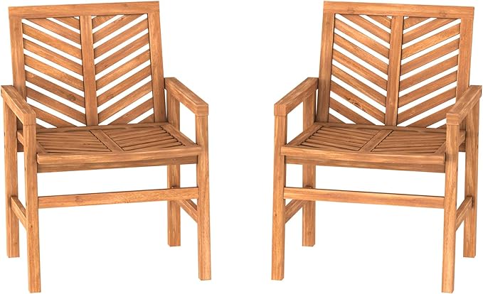 Walker Edison 2 Piece Outdoor Patio Chevron Wood Chair Set All Weather Backyard Conversation Garden Poolside Balcony, Set of 2, Brown - LeafyLoom