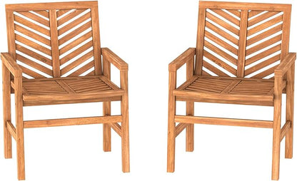 Walker Edison 2 Piece Outdoor Patio Chevron Wood Chair Set All Weather Backyard Conversation Garden Poolside Balcony, Set of 2, Brown - LeafyLoom