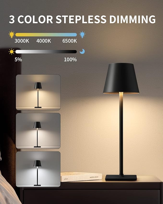 KDG Cordless Table Lamp, Portable LED Desk Lamp, 5000mAh Battery Operated, 3 Color Stepless Dimming Up, for Restaurant/Bedroom/Bars/Outdoor Party/Camping/Coffee Shop Atmosphere Night Light(Black) - LeafyLoom