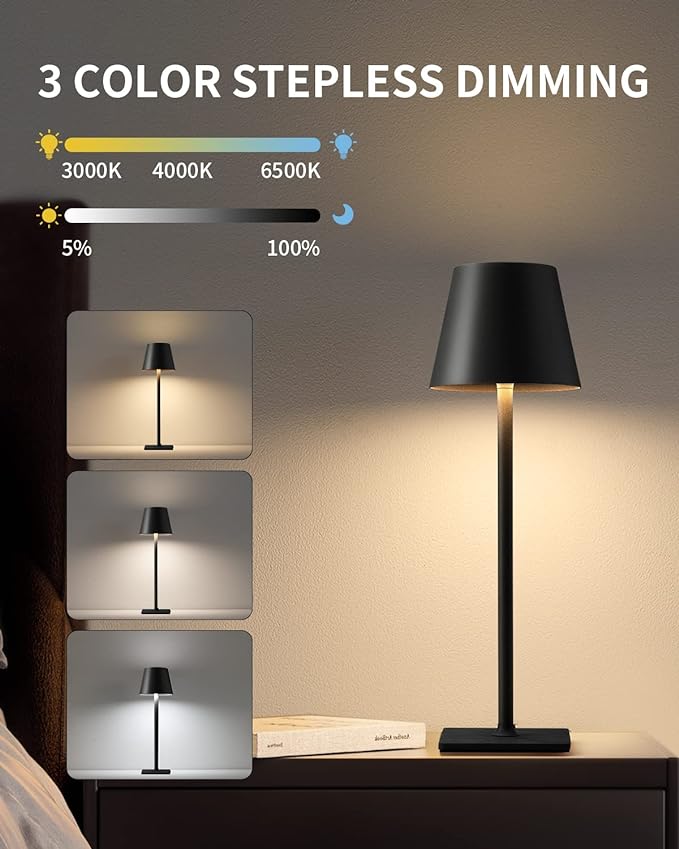 KDG 2 Pack Cordless Table Lamp,Portable LED Desk Lamp, 5000mAh Battery Operated, 3 Color Stepless Dimming Up, for Restaurant/Bedroom/Bars/Outdoor Party/Camping/Coffee Shop Night Light(Black) - LeafyLoom