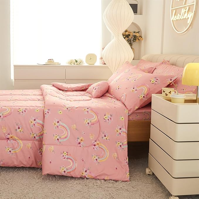 Mooreeke Twin Size Comforter Sets for Girls Kids, 6 Pieces Bed in a Bag Pink Rainbow Flowers Bedding Comforter Sheet Set with Shams and Decorative Toy Pillow, Ultral Soft Microfiber Kids Bed Set - LeafyLoom