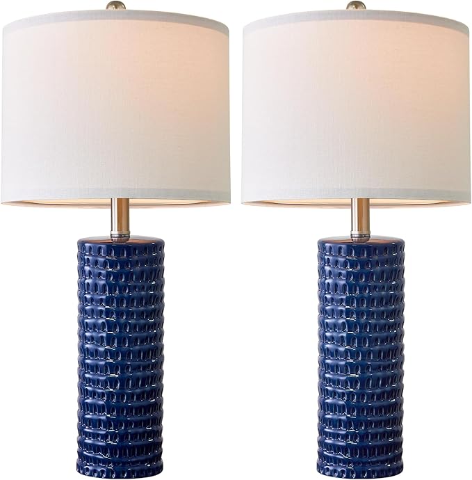 PORTRES 24.75" Modern Accent Ceramic Table Lamp Set of 2 for Bedroom Blue Desk Decor Bedside Lamps for Living Room Study Room Office Dorm Farmhouse Nightstand Lamp End Table Lamps - LeafyLoom