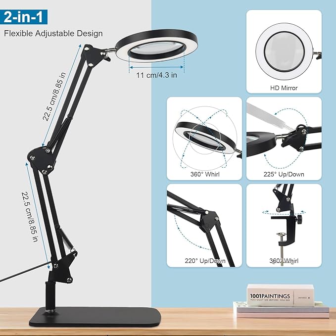 2-in-1 LED Magnifier Desk Lamp with Clamp,Magnifying Glass with Light and Stand,3 Color Modes Stepless Dimming, for Home Office Close Work, Repair, Crafts, Reading,Sewing - LeafyLoom