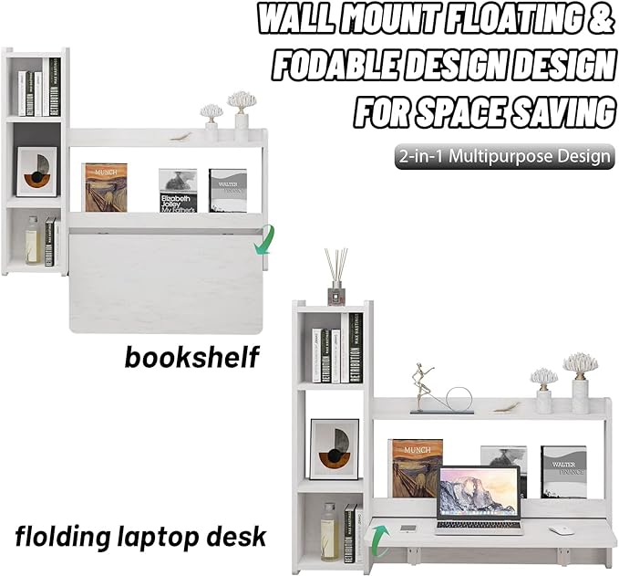 Pmnianhua Floating Desk,41'' Wall Mounted Desk Fold Down Laptop Desk Folding Space Saving Table Workstation with Storage Shelves for Bedroom Study Room Small Space (Off White-Left) - LeafyLoom