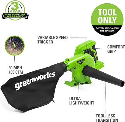 Greenworks 24V (90 MPH / 180 CFM / 125+ Compatible Tools) Cordless Shop Blower, Tool Only - LeafyLoom