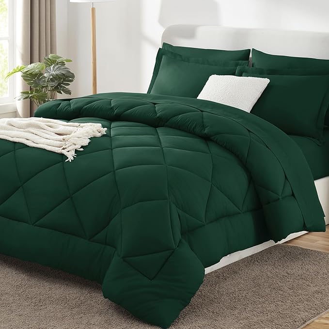 CozyLux Full Comforter Set with Sheets 7 Pieces Bed in a Bag Emerald Green All Season Bedding Sets with Comforter, Pillow Shams, Flat Sheet, Fitted Sheet and Pillowcases - LeafyLoom