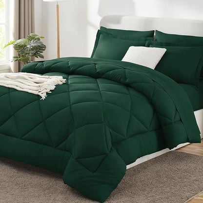 CozyLux Queen Comforter Set with Sheets 7 Pieces Bed in a Bag Emerald Green All Season Bedding Sets with Comforter, Pillow Shams, Flat Sheet, Fitted Sheet and Pillowcases - LeafyLoom