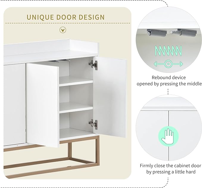 Sideboard Buffet Cabinet with Large Storage Space,Modern Particle Board Kitchen Console Table,W/ 4 Doors and Gold Metal Legs,Dining Room,Entryway,White, 47.2" - LeafyLoom