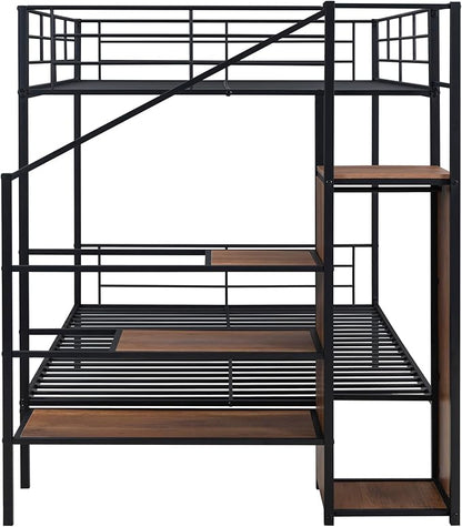 Full Over Full Metal Bunk Bed Frame with Lateral Storage Ladder & Wardrobe,Heavy-Duty Steel Frame Bunk Bed with Safety Guard Rails, for Kids Teens Adults, No Box Spring Needed - LeafyLoom