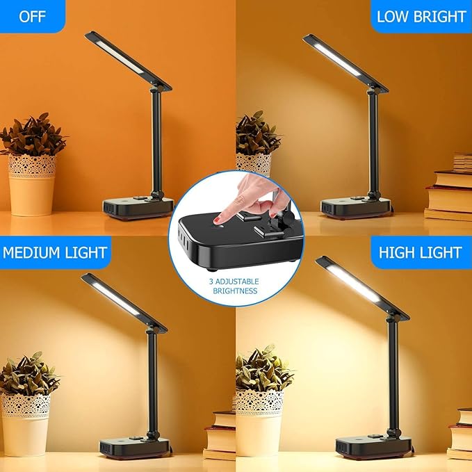 LED Desk Lamp with 4 USB Charging Ports and 2 AC Outlets,5ft Extension Cord Power Strip Station, 3 Level Brightness, Touch Dimmer Control, Office Table Eye Care Lamp bedroom hotel - LeafyLoom