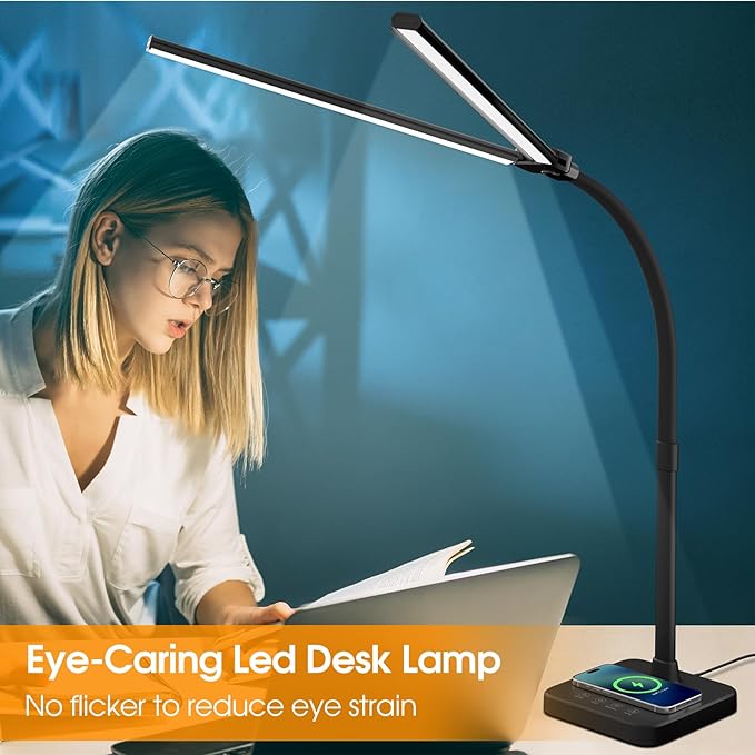 ShineTech LED Desk Lamp for Home Office, 24W Double Head Desk Light with Wireless Charging, USB Port, 25 Lighting Modes Adjustable Gooseneck Lamps - LeafyLoom